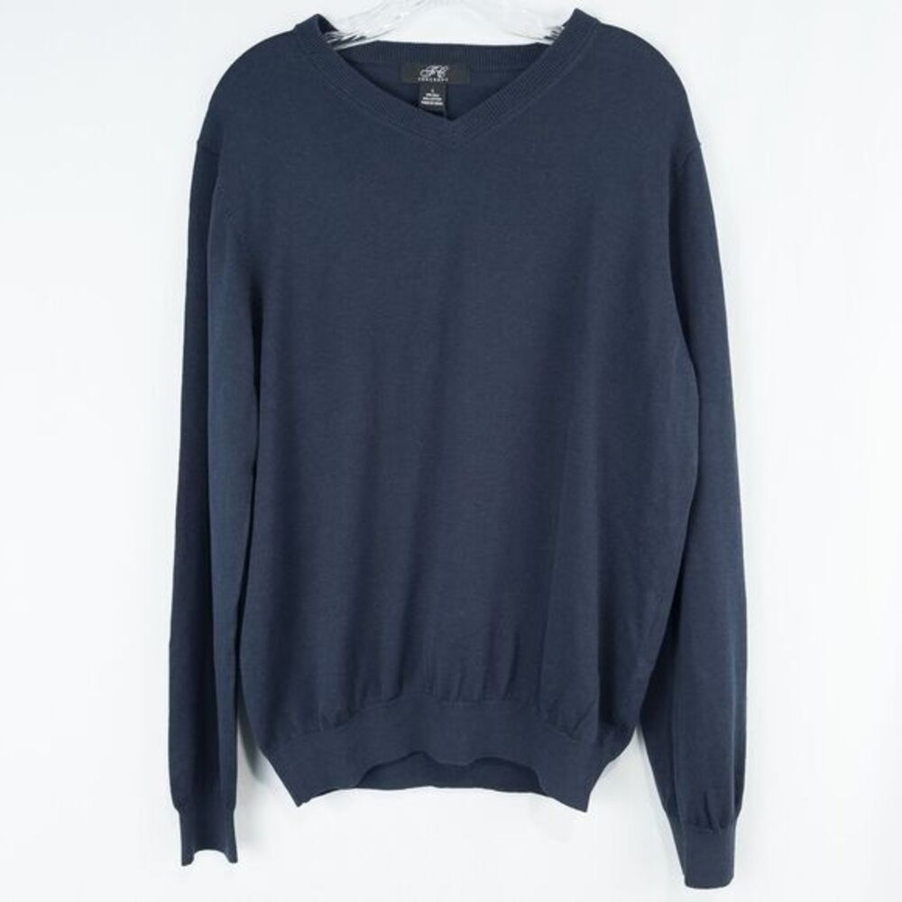Foxcroft Silk Cotton V Neck Pullover Sweater Size Large Navy Blue Capsule Staple